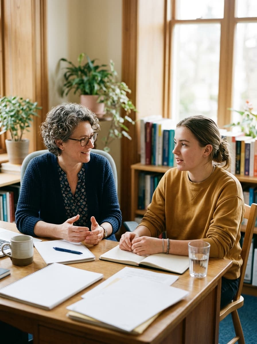 Study abroad counsellor and a student at a desk in the Bagbazar office